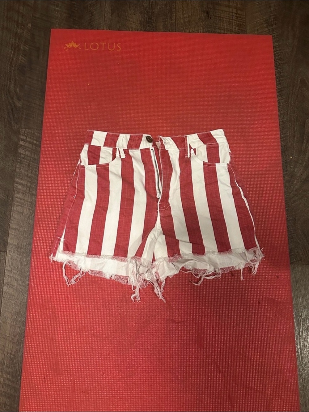 Show Me Your MuMu Red and White Vertical Stripe Denim Cutoff Shorts